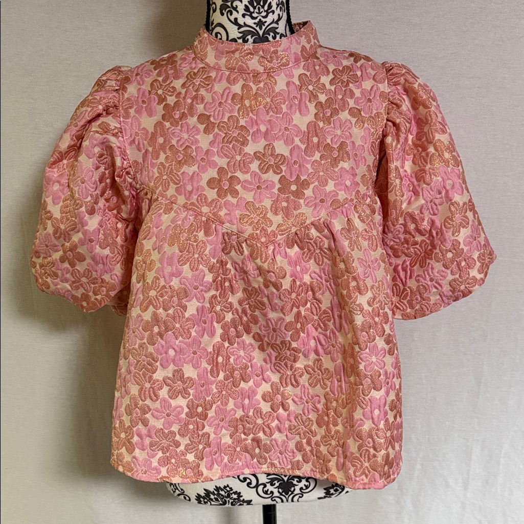 Thml Isabelle Pink And Metallic Woven Details Floral Blouse With Puffy Sleeves
